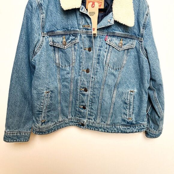 NWT Levi's Original Trucker Denim Jean Jacket Medium Wash Sherpa Lined Collar 1X - Picture 9 of 11